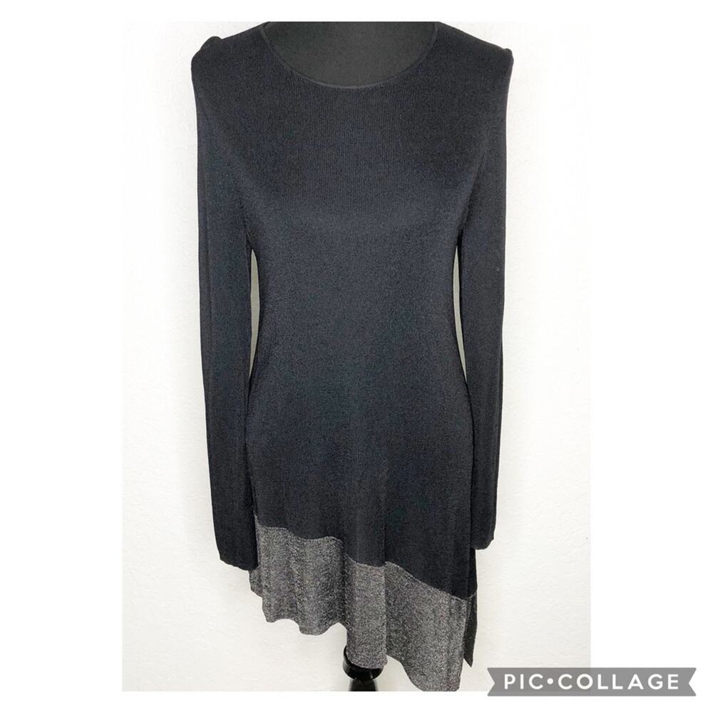 Eileen Fisher‎ black metallic asymmetrical hem knit tunic top size Small